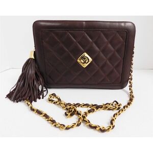 St John Brown‎ Quilted Leather Gold Chain Medium Crossbody Tassel Bag